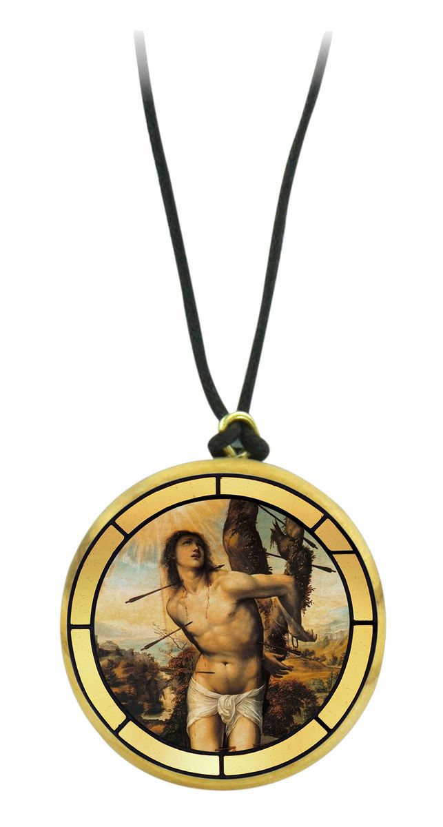 ciondolo san sebastiano in legno ulivo con immagine serigrafata - 3,5 cm