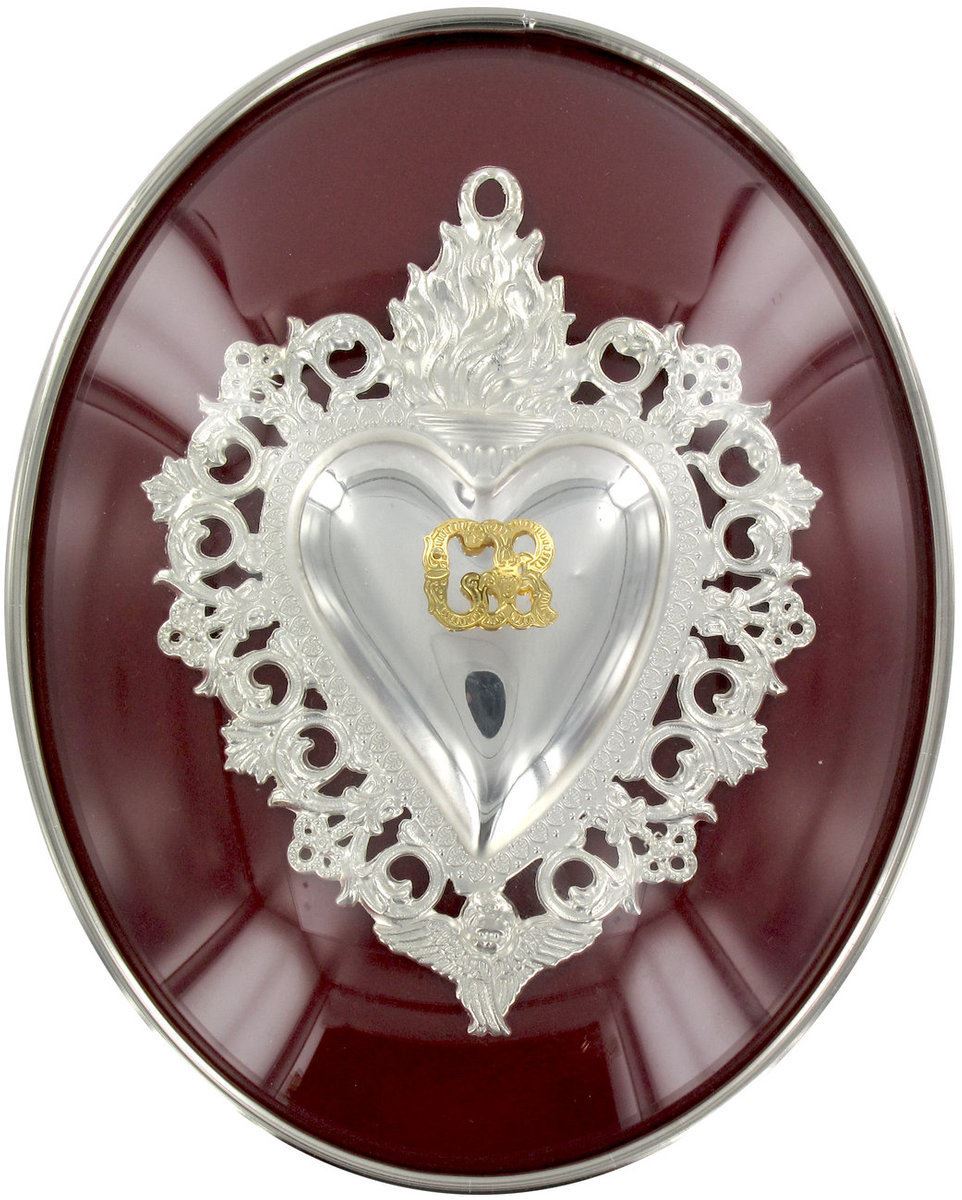 cuore votivo, ex voto da appendere in chiese, santuari, cappellette, cuore votivo per grazia ricevuta da madonna/santi/gesù, argento, ovale, rosso, 12 x 9 cm