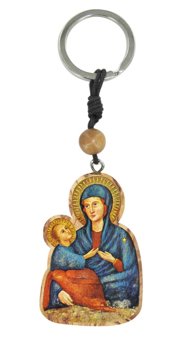 portachiavi madonna del divino amore in ulivo con grano e immagine serigrafata 