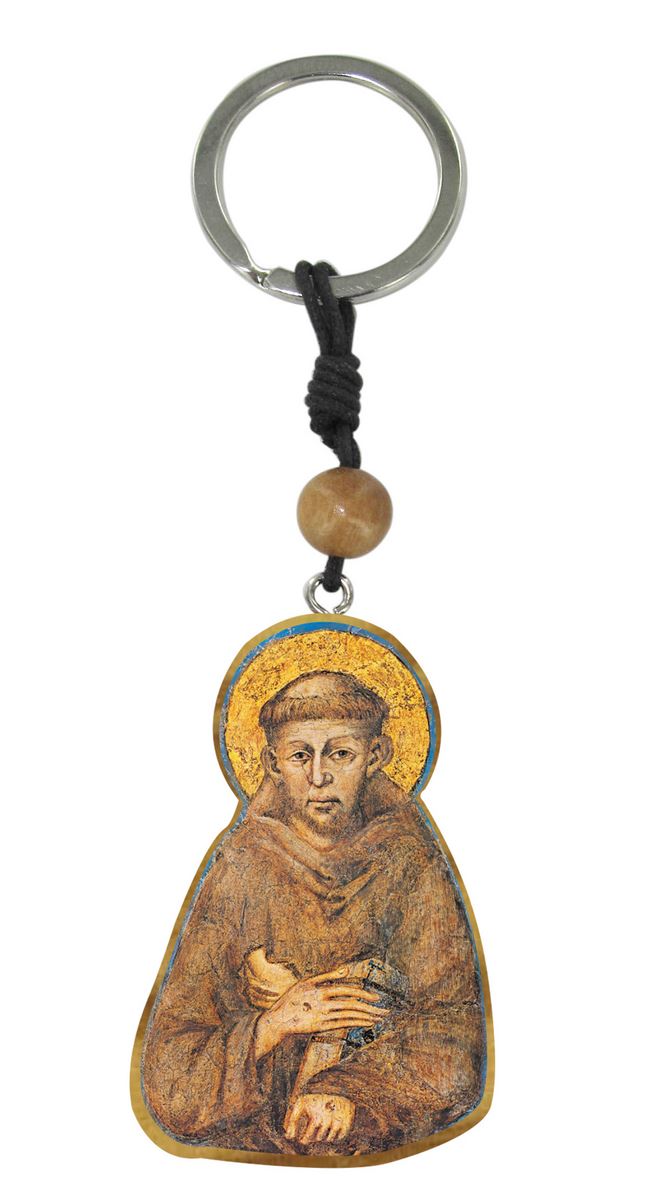 portachiavi san francesco d'assisi in ulivo con grano e immagine serigrafata 