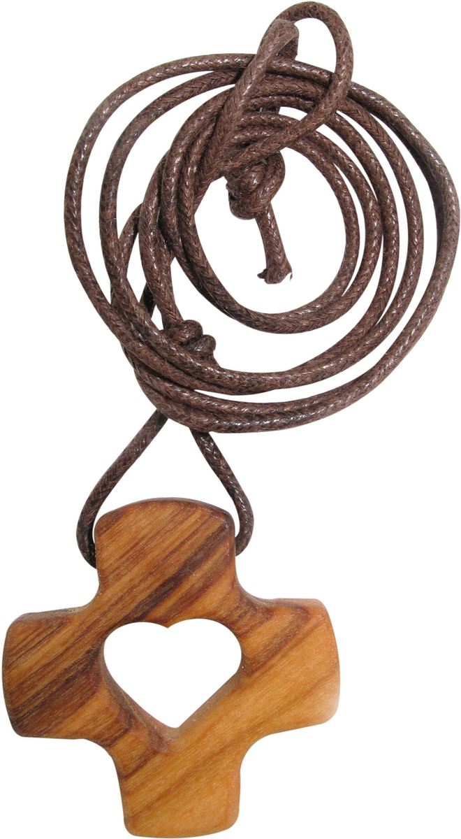 collanina con ciondolo croce dehoniana e cuore traforato, legno di ulivo, marrone, 3x3x0.5 centimetri