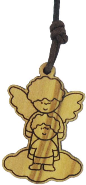 ciondolo angelo custode con cordone, regalo per bambini, legno d'ulivo, marrone, 2 x 3 x 0,6 cm