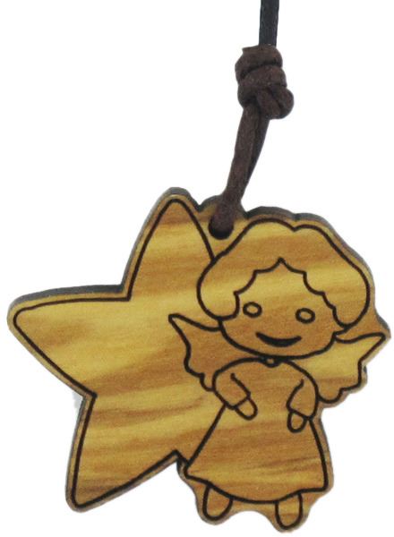 ciondolo angelo custode e stella, con cordone, regalo perfetto per bambini, legno d'ulivo, marrone, 3 x 2 x 0,6 cm
