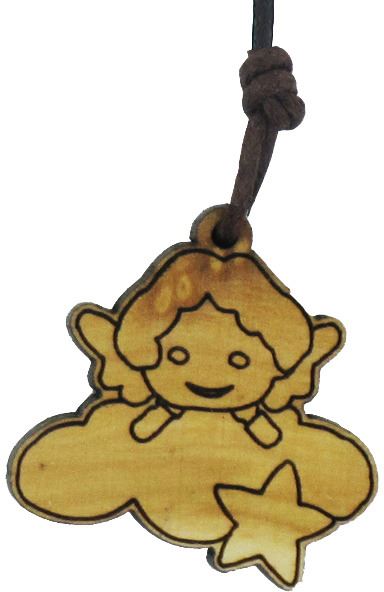 ciondolo angelo custode su nuvola, con cordone, regalo perfetto per bambini, legno d'ulivo, marrone, 3 x 2 x 0,6 cm