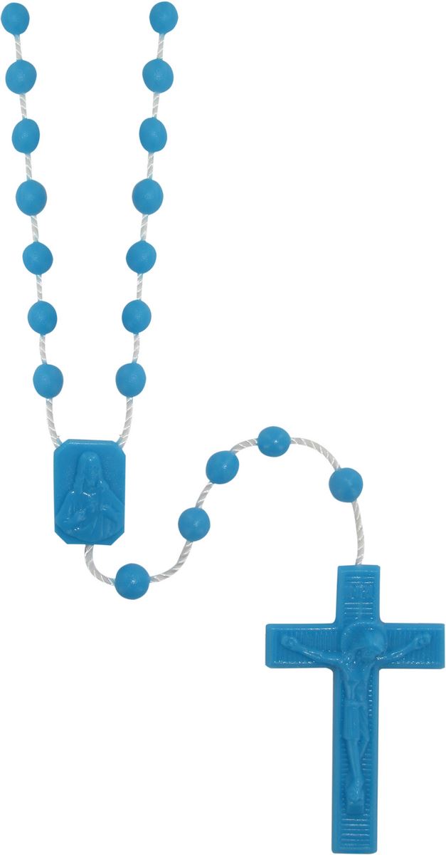 rosario economico in plastica, rosario cattolico per preghiera con grani tondi lisci e crociera con immagine della madonna con bambino e sacro cuore di gesù, nylon, azzurro, diam. grani 6mm