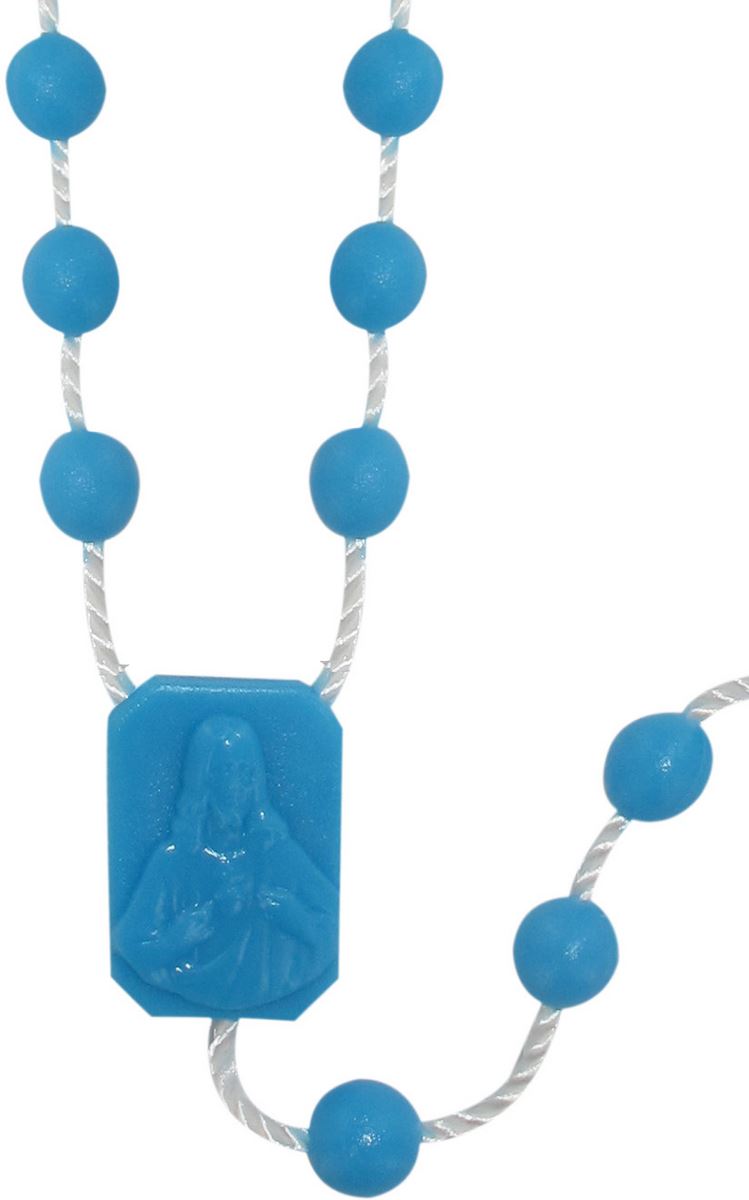 rosario economico in plastica, rosario cattolico per preghiera con grani tondi lisci e crociera con immagine della madonna con bambino e sacro cuore di gesù, nylon, azzurro, diam. grani 6mm