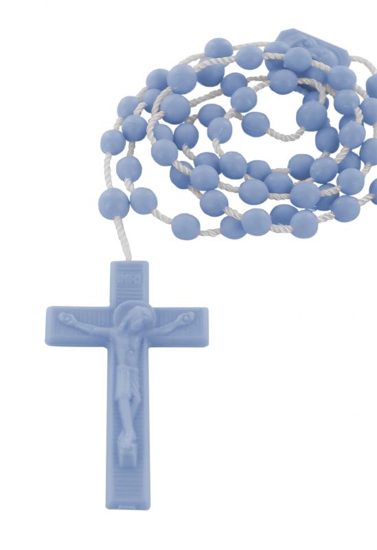 rosario economico in plastica, rosario cattolico per preghiera con grani tondi lisci e crociera con immagine della madonna con bambino e sacro cuore di gesù, nylon, azzurro, diam. grani 6mm