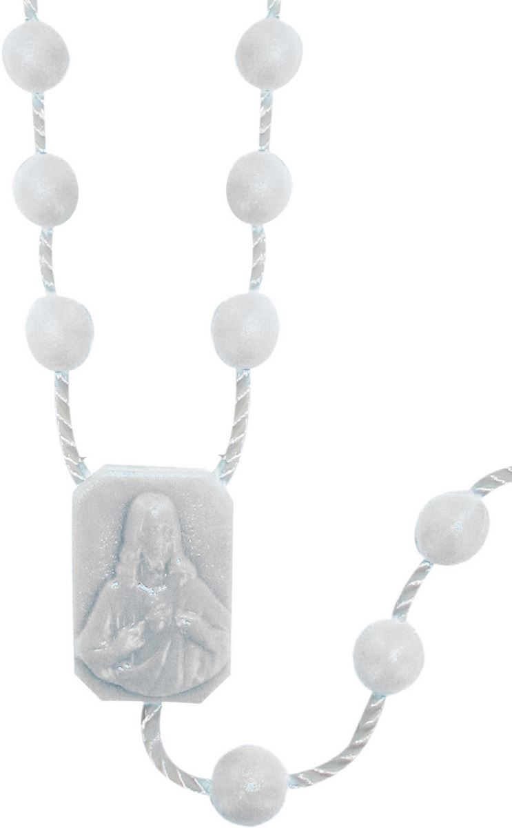 rosario economico in plastica, rosario cattolico per preghiera con grani tondi lisci e crociera con immagine della madonna con bambino e sacro cuore di gesù, nylon, bianco, diam. grani 6mm