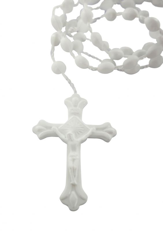 rosario economico in plastica, rosario cattolico per preghiera con grani tondi lisci e crociera con immagine della madonna con bambino e sacro cuore di gesù, nylon, bianco, diam. grani 6mm
