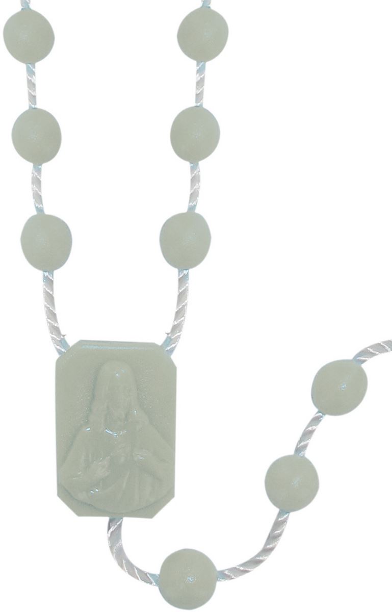 rosario economico in plastica, rosario cattolico per preghiera con grani tondi lisci e crociera con immagine della madonna con bambino e sacro cuore di gesù, nylon, fosforo, diam. grani 6mm