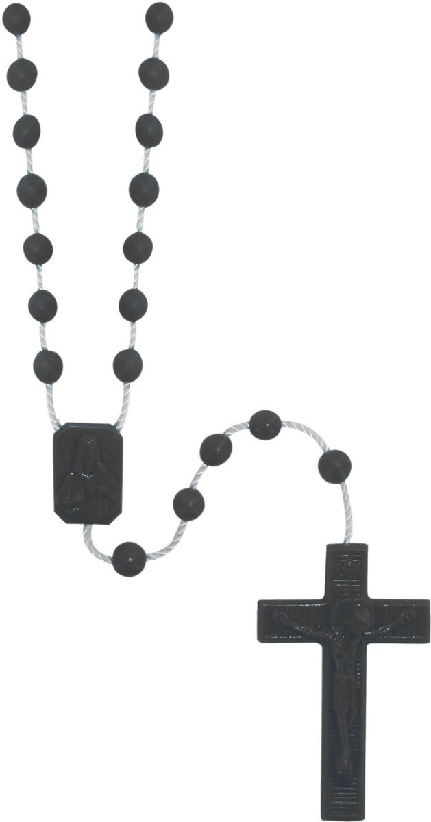 rosario economico in plastica, rosario cattolico per preghiera con grani tondi lisci e crociera con immagine della madonna con bambino e sacro cuore di gesù, nylon, nero, diam. grani 6mm