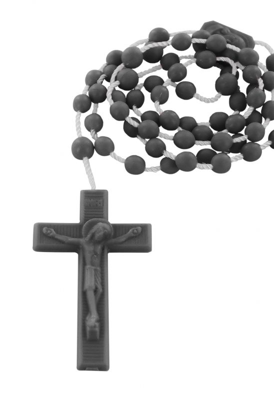 rosario economico in plastica, rosario cattolico per preghiera con grani tondi lisci e crociera con immagine della madonna con bambino e sacro cuore di gesù, nylon, nero, diam. grani 6mm
