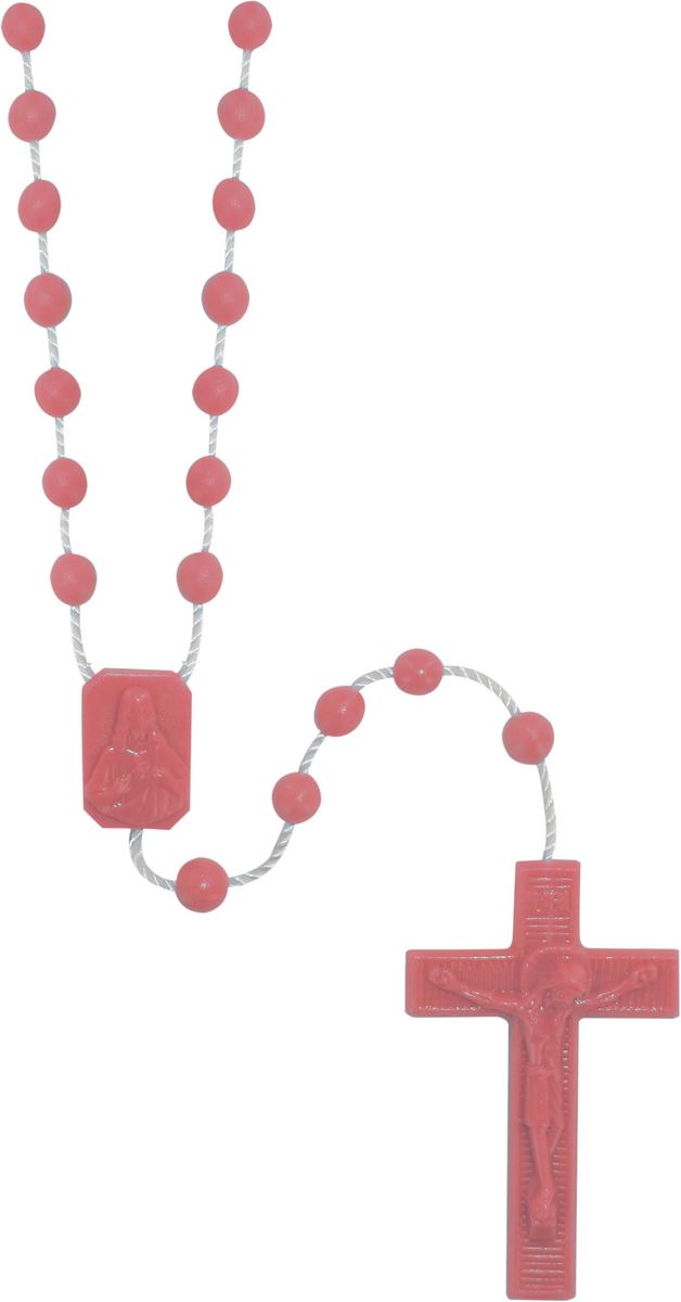 rosario economico in plastica, rosario cattolico per preghiera con grani tondi lisci e crociera con immagine della madonna con bambino e sacro cuore di gesù, nylon, rosa, diam. grani 6mm