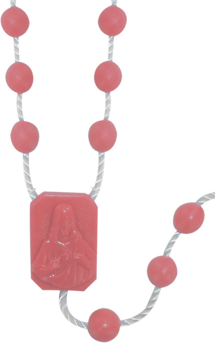 rosario economico in plastica, rosario cattolico per preghiera con grani tondi lisci e crociera con immagine della madonna con bambino e sacro cuore di gesù, nylon, rosa, diam. grani 6mm