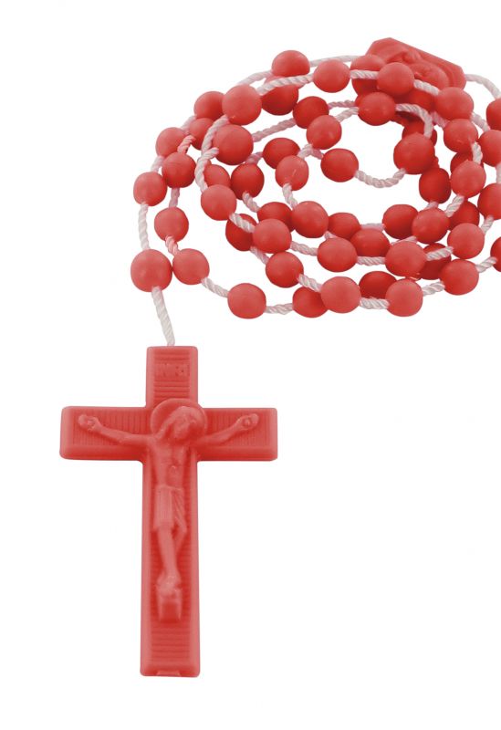 rosario economico in plastica, rosario cattolico per preghiera con grani tondi lisci e crociera con immagine della madonna con bambino e sacro cuore di gesù, nylon, rosso, diam. grani 6mm