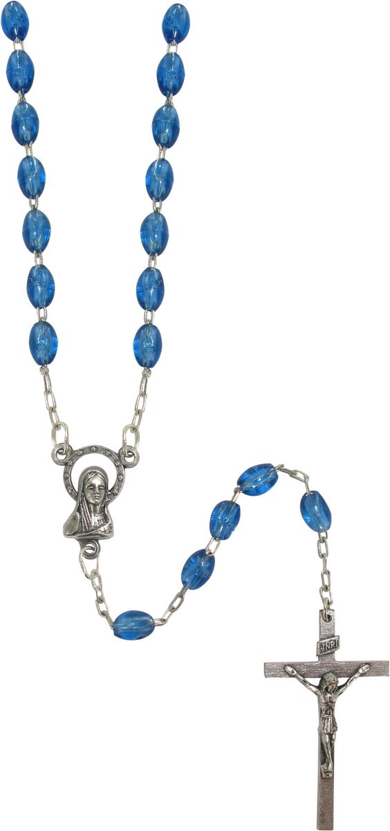 rosario in plastica ovale blu con legatura a macchina