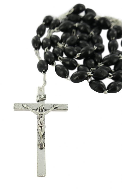 rosario in plastica ovale nero con legatura a macchina