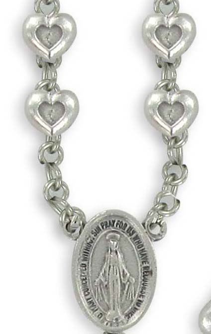 rosario cuoricino in metallo argentato con moschettone