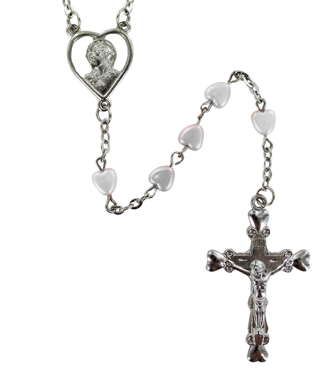 rosario in plastica bianco a forma di cuoricino con legatura in  metallo