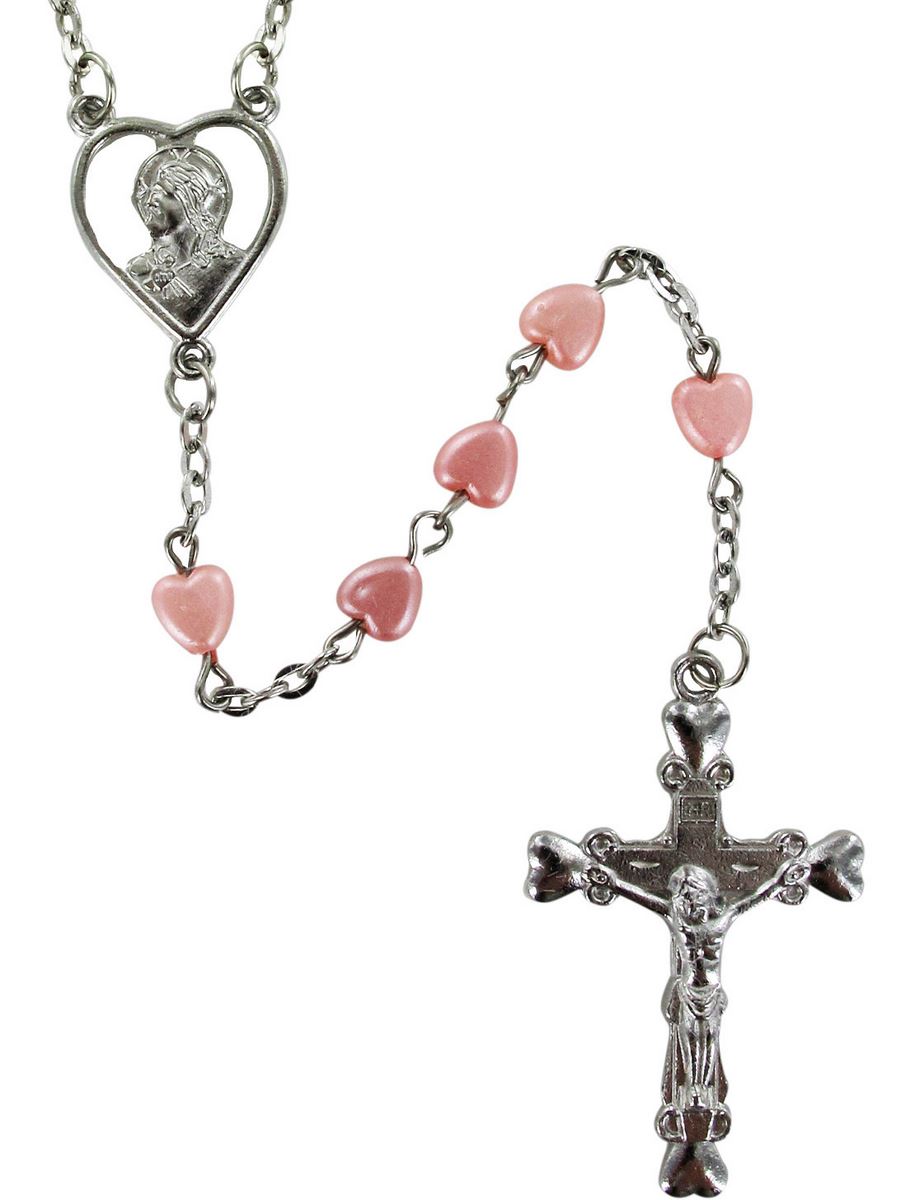 rosario economico cuoricino in plastica con legatura in metallo- rosa