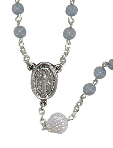 rosario imitazione pietra luna mm 5 con pater conchiglia e legatura in ottone argentato