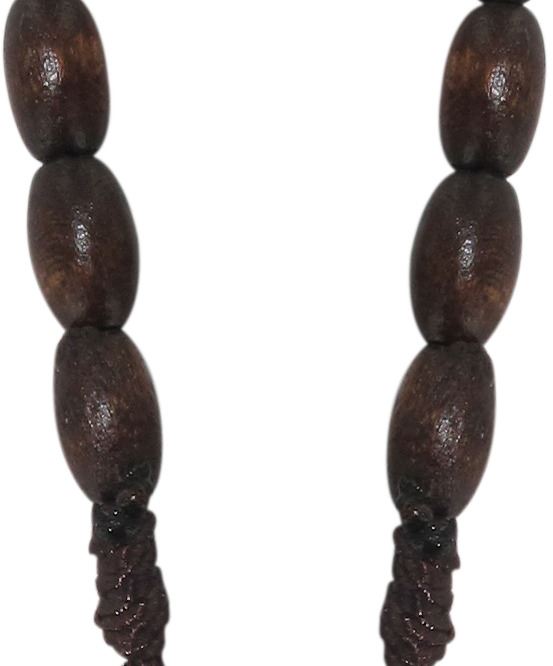 rosario in legno marrone ovale con legatura in seta