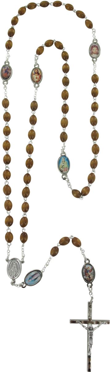 rosario in legno naturale ovale mm 5 con medaglie resinate