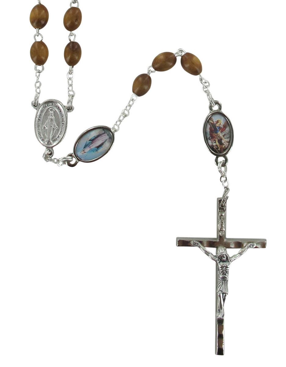 rosario in legno naturale ovale mm 5 con medaglie resinate