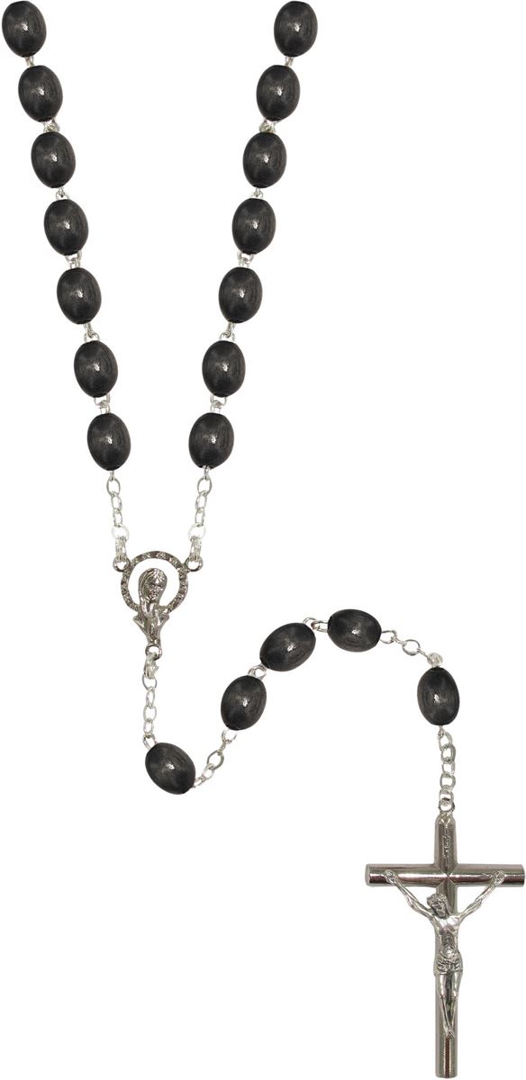 rosario in legno nero ovale mm 5 legatura ottone argentato