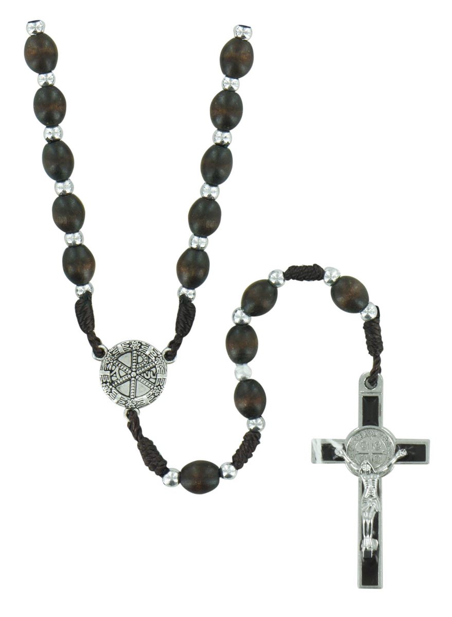 rosario in legno ovale marrone con perline legatura seta