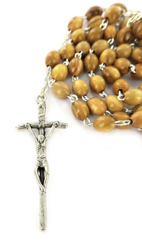 rosario in legno ulivo ovale Ø 6 mm con legatura a mano in ottone argentato