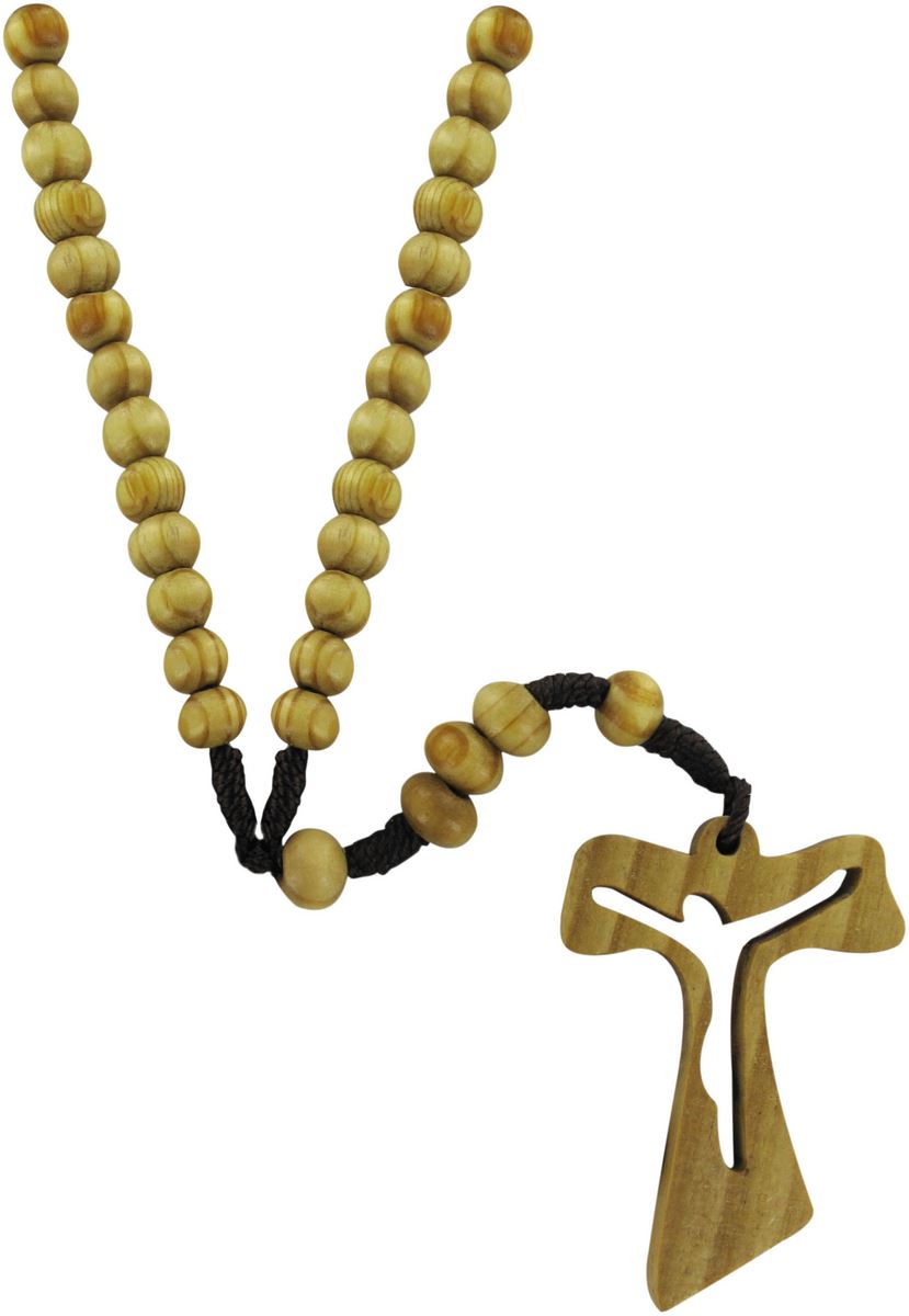 rosario ulivo tondo mm 7 con croce tau traforata legatura seta gerusalemme