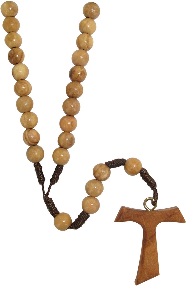 Rosario in legno di ulivo tondo Ø 6 mm legatura a mano seta e croce tau  Rosari