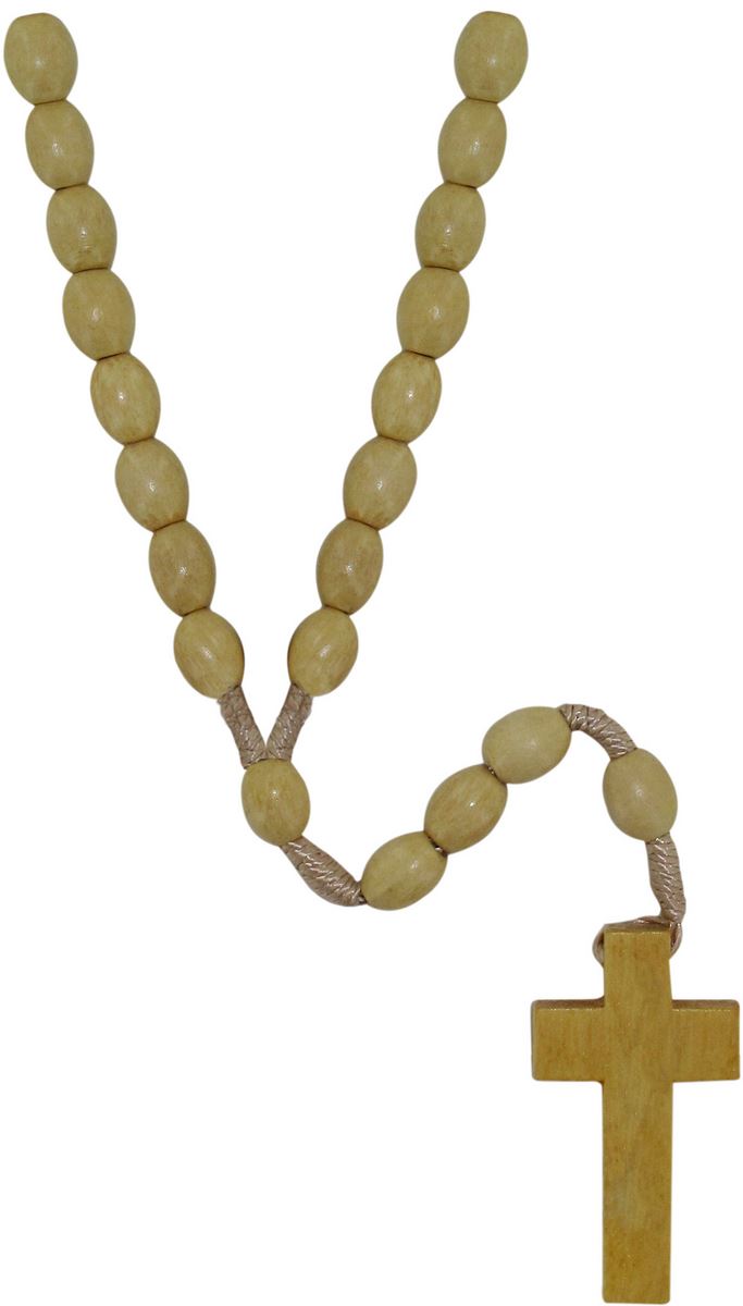 rosario  con grani ovali in legno grezzo mm 8 con legatura in seta 