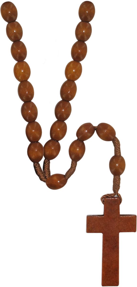 rosario con grani ovali in legno naturale mm 8 con legatura in seta