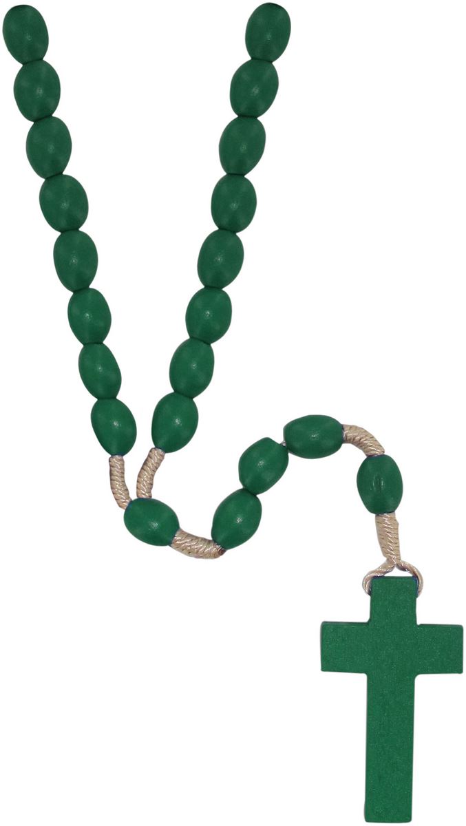 rosario  con grani ovali in legno verde mm 8 con legatura in seta