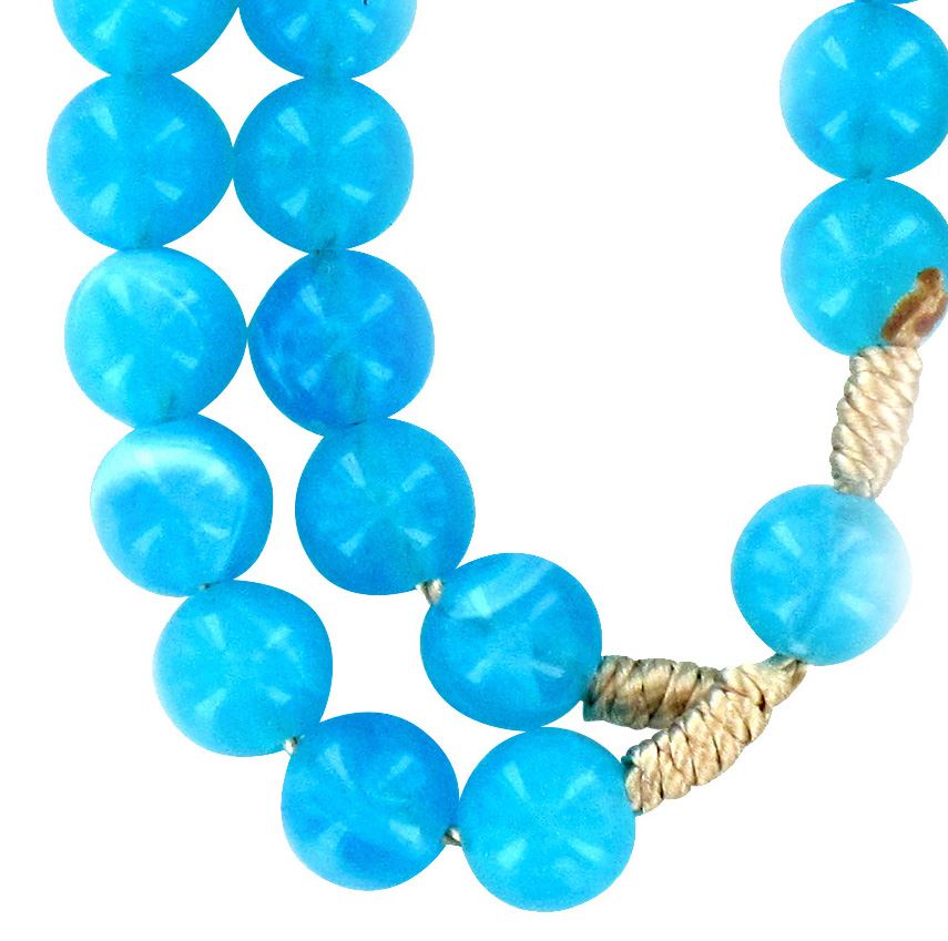 rosario azzurro, plastica, con legatura in seta, grani da 7,5 millimetri