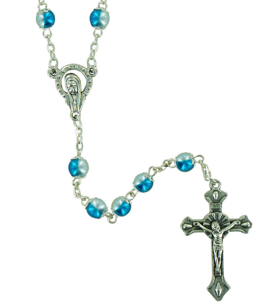 rosario con grani effetto similperla con doppio colore - bianco e azzurro