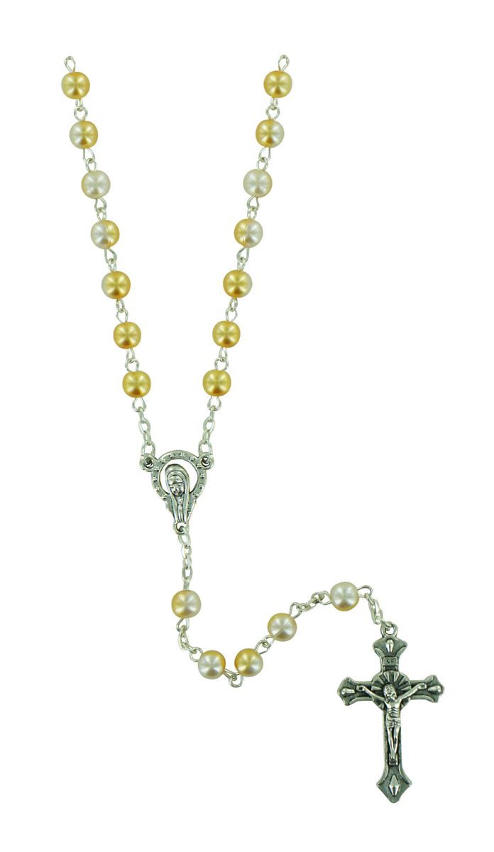 rosario con grani effetto similperla con doppio colore - bianco e dorato