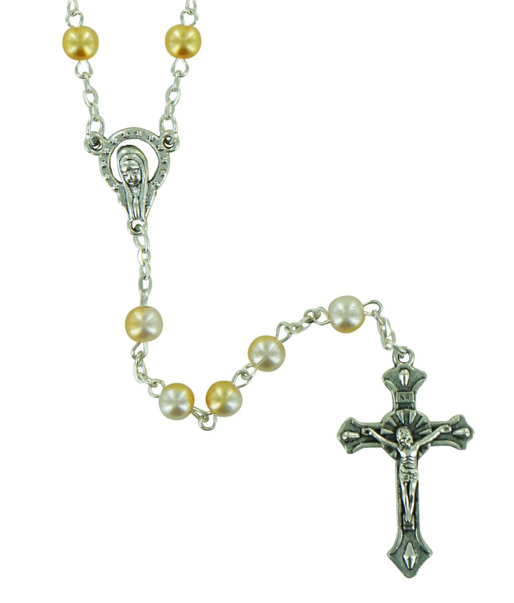 rosario con grani effetto similperla con doppio colore - bianco e dorato
