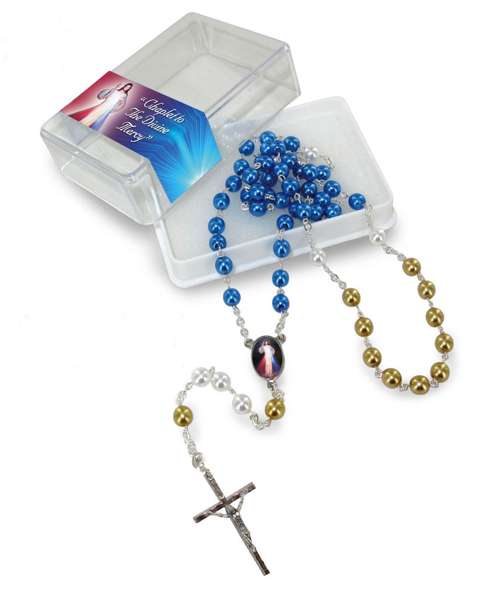 rosario divina misericordia con grani in similperla da Ø 6 mm e scatola