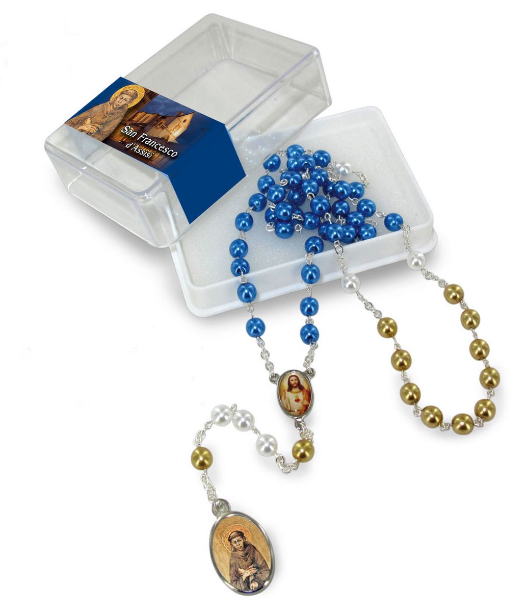 rosario imitazione perla vetro Ø 6 mm san francesco d'assisi con scatola