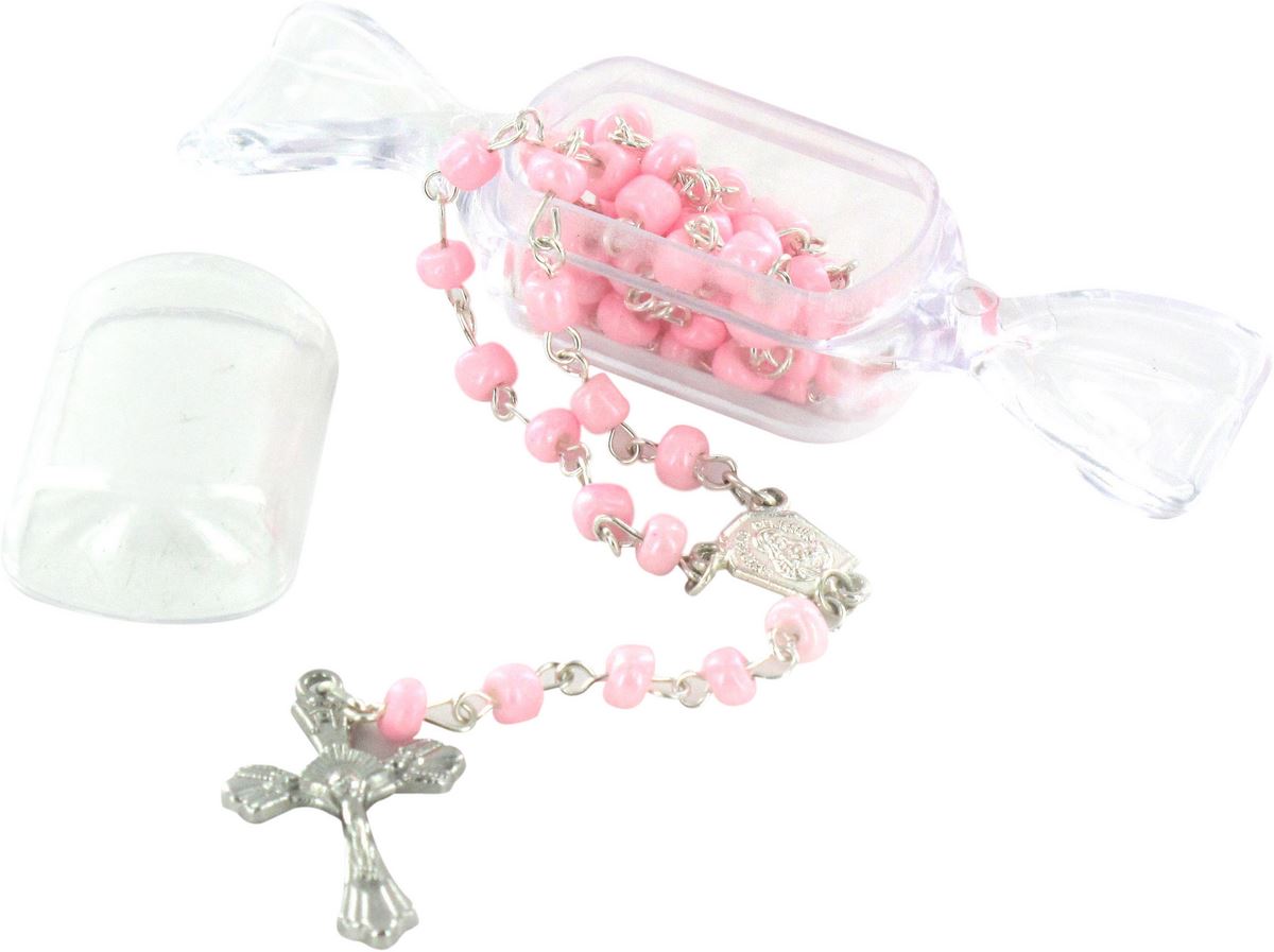rosario rosa con confezione trasparente a forma di caramella mm.4 