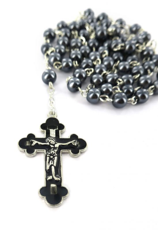 rosario perlina colore ematite con croce smaltata