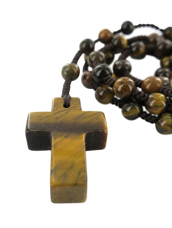 rosario occhio di tigre con grani tondi e croce in pietra mm 6  legatura in seta
