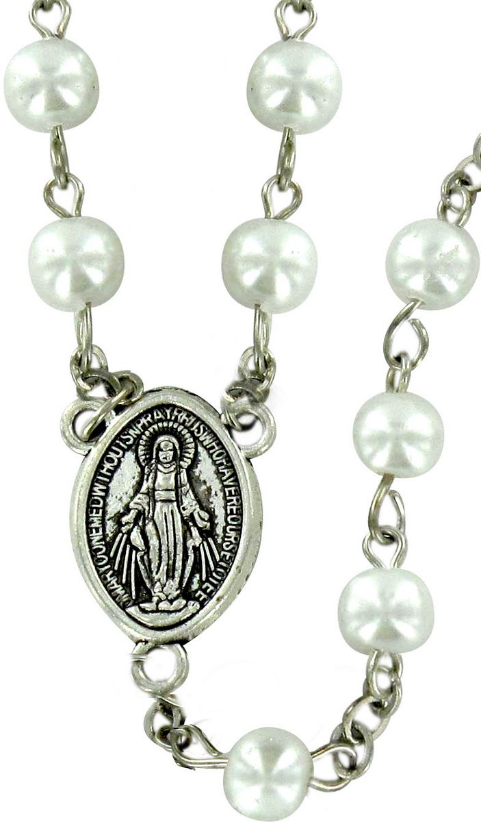 rosario con imitazione perla da mm 5 legatura ottone argentato