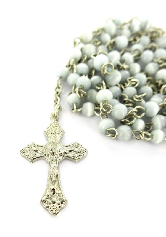 rosario imitazione madreperla tondo mm 4 legatura ottone argentato - azzurro