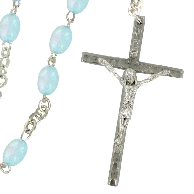 rosario imitazione madreperla mm 4 legatura ottone argentato azzurro