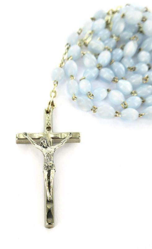 rosario imitazione madreperla mm 4 legatura ottone argentato azzurro