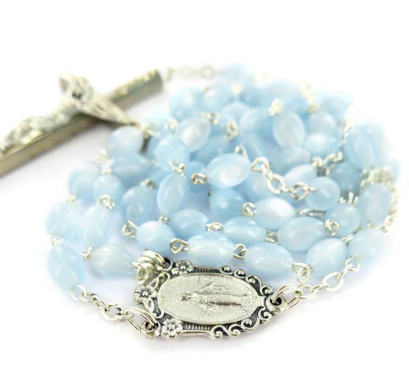 rosario imitazione madreperla ovale mm 4 legatura ottone argentato -  azzurro